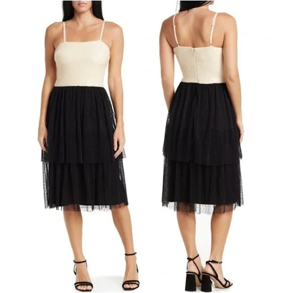 DRESS THE POPULATION KADY SEQUIN TIERED TULLE DRESS IN CREAM MULTI NWT SIZE‎ XS